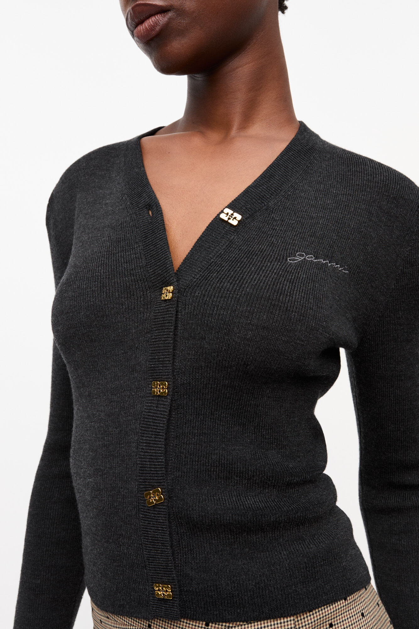 Black Mini Ribbed Merino Cardigan, Merino Wool, in colour Phantom - 4 - GANNI