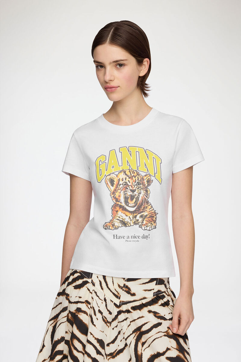 Baby Fit T-shirt with Tiger, Organic Cotton, in colour Bright White - 1 - GANNI