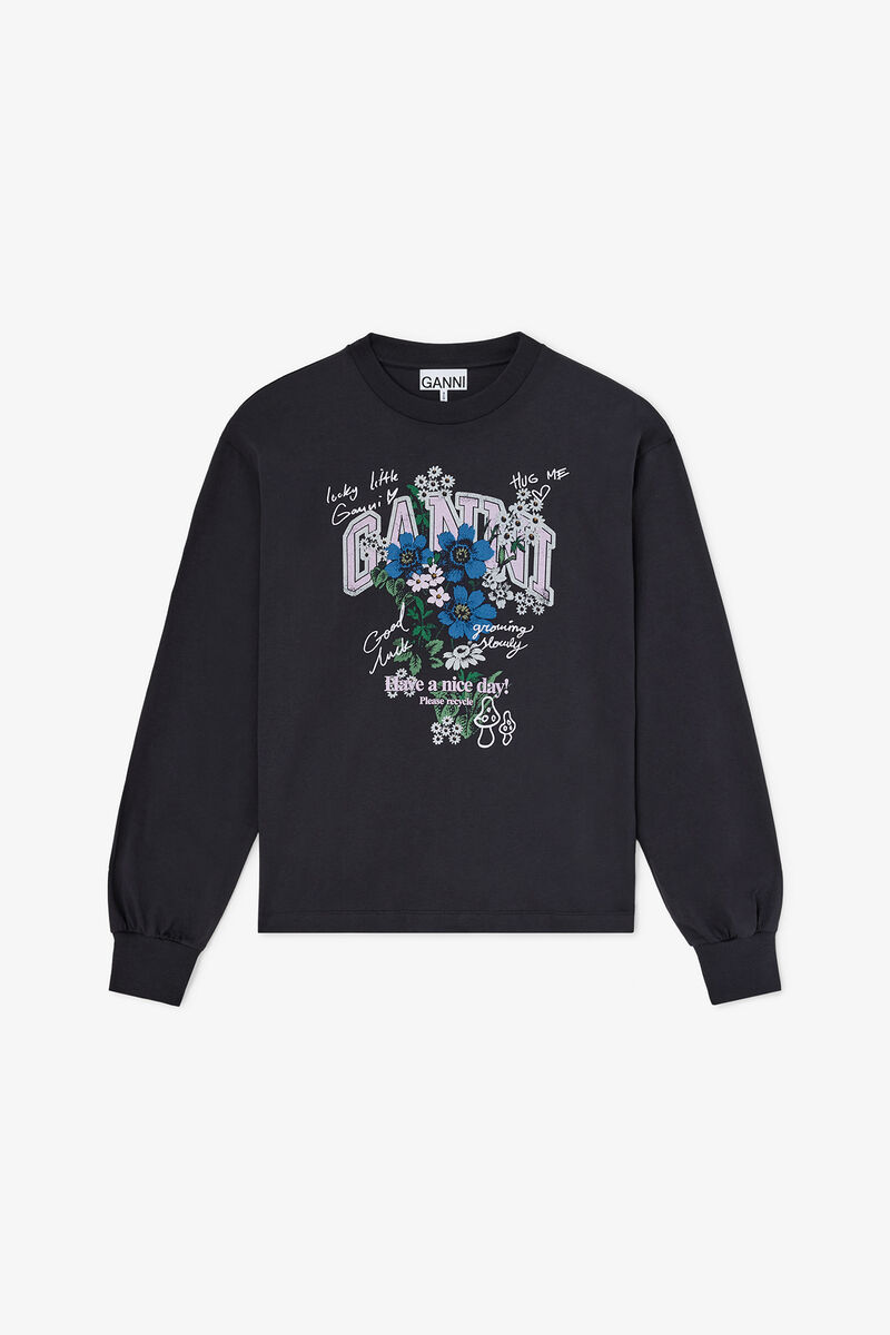 Långärmad T-shirt med blommor, Organic Cotton, in colour Phantom - 1 - GANNI