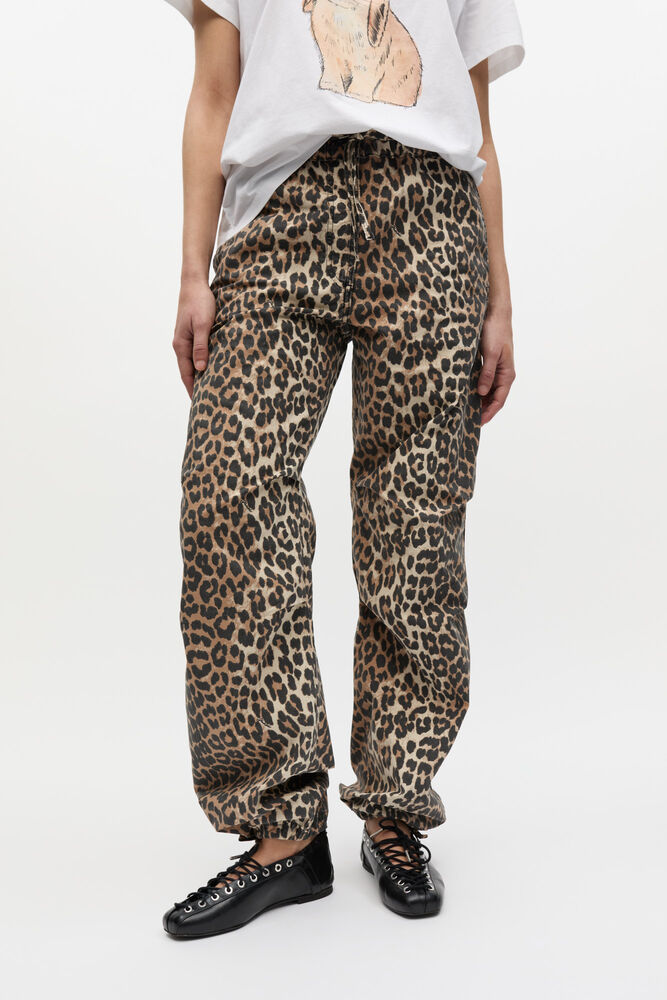 Trousers in Leopard Washed Cotton Canvas, Almond Milk