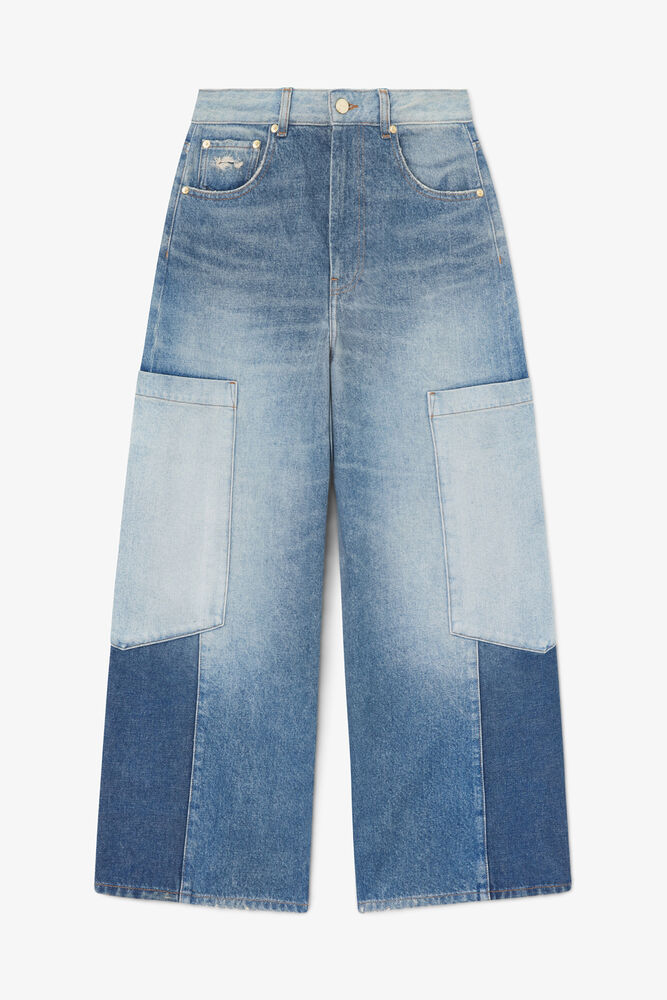 Baggy vid modell i lapptäcksdenim, Mid Blue Vintage