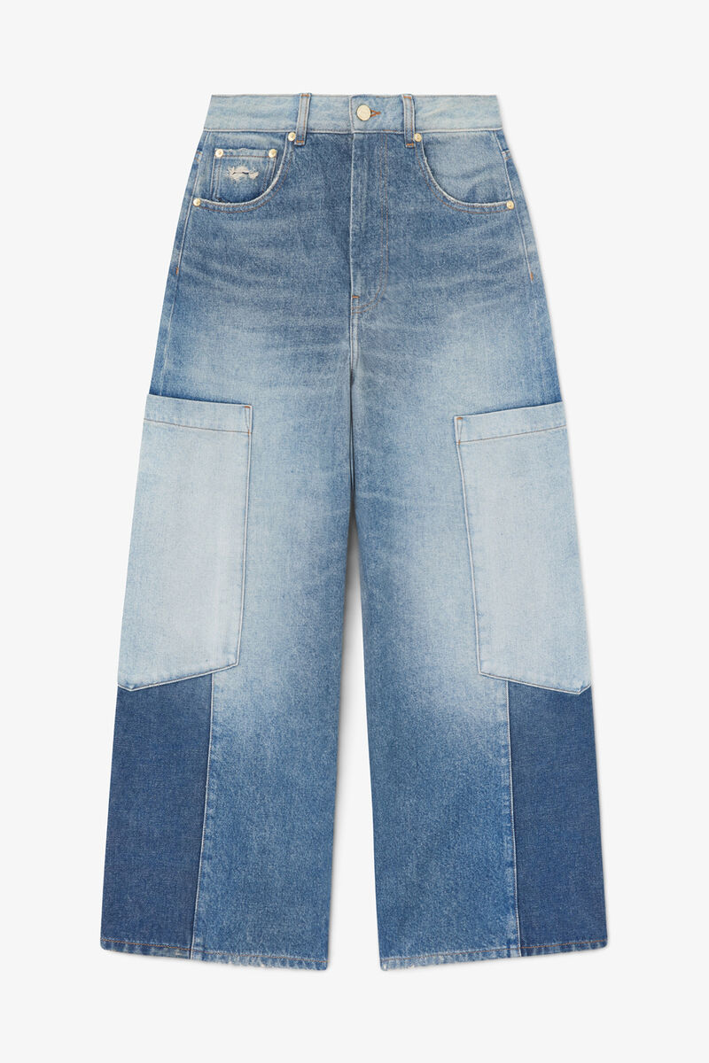 Baggy Cargo Jeans in Patchwork Denim, Organic Cotton, in colour Mid Blue Vintage - 1 - GANNI