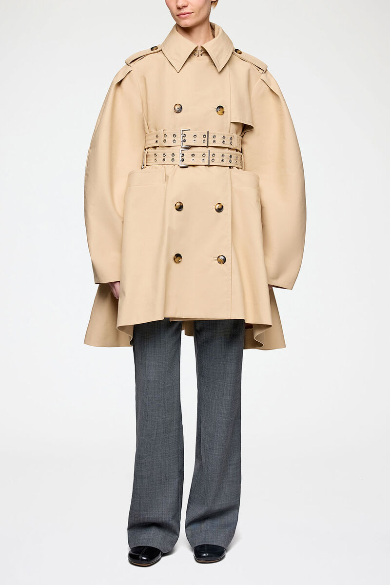 Trench Coat in Double Cotton, Organic Cotton, in colour Warm Sand - 1 - GANNI