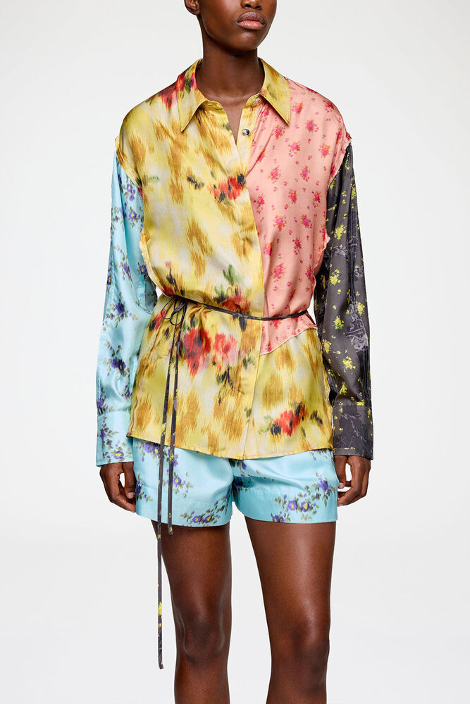 Shirt in Multi Printed Silk, Iced Aqua
