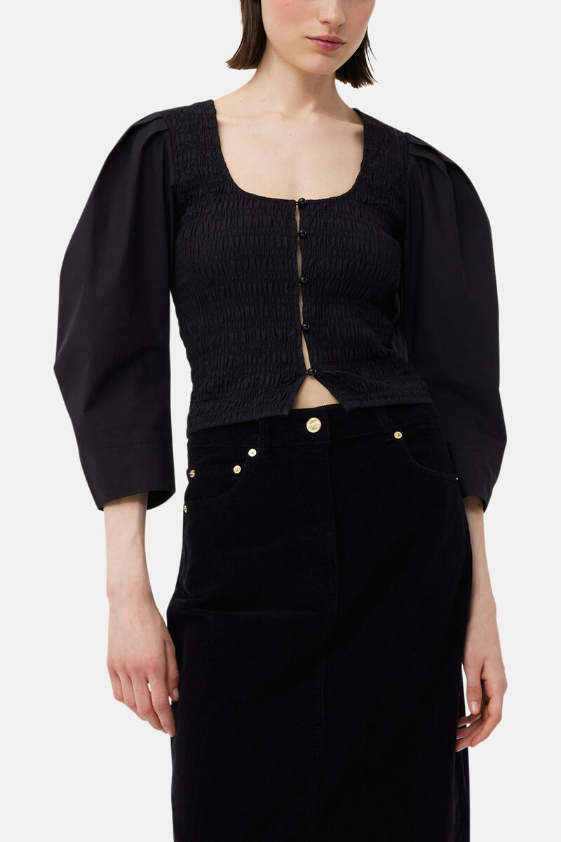 Black Cotton Poplin Smock Bluse, Organic Cotton, in colour Black - 1 - GANNI