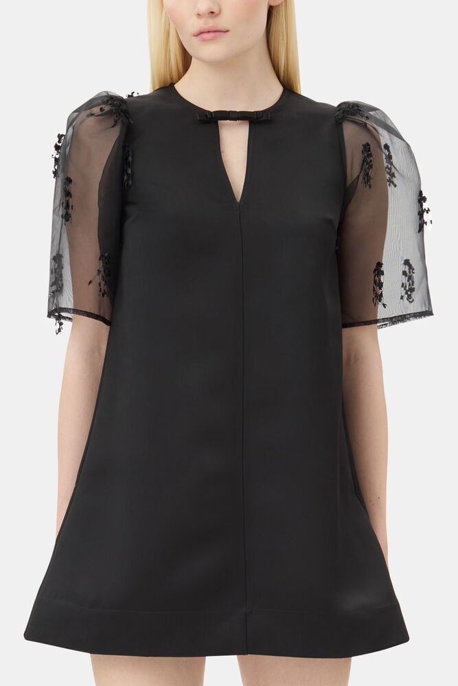 Black Fringed Organza Mini Dress, Black