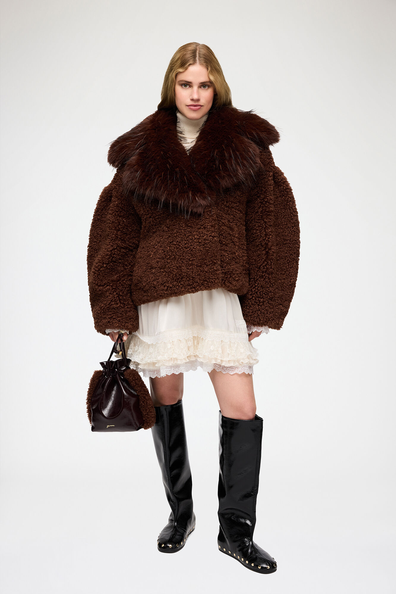 Jacket in Alternative Shearling, Polyester, in colour Chocolate Brown - 2 - GANNI