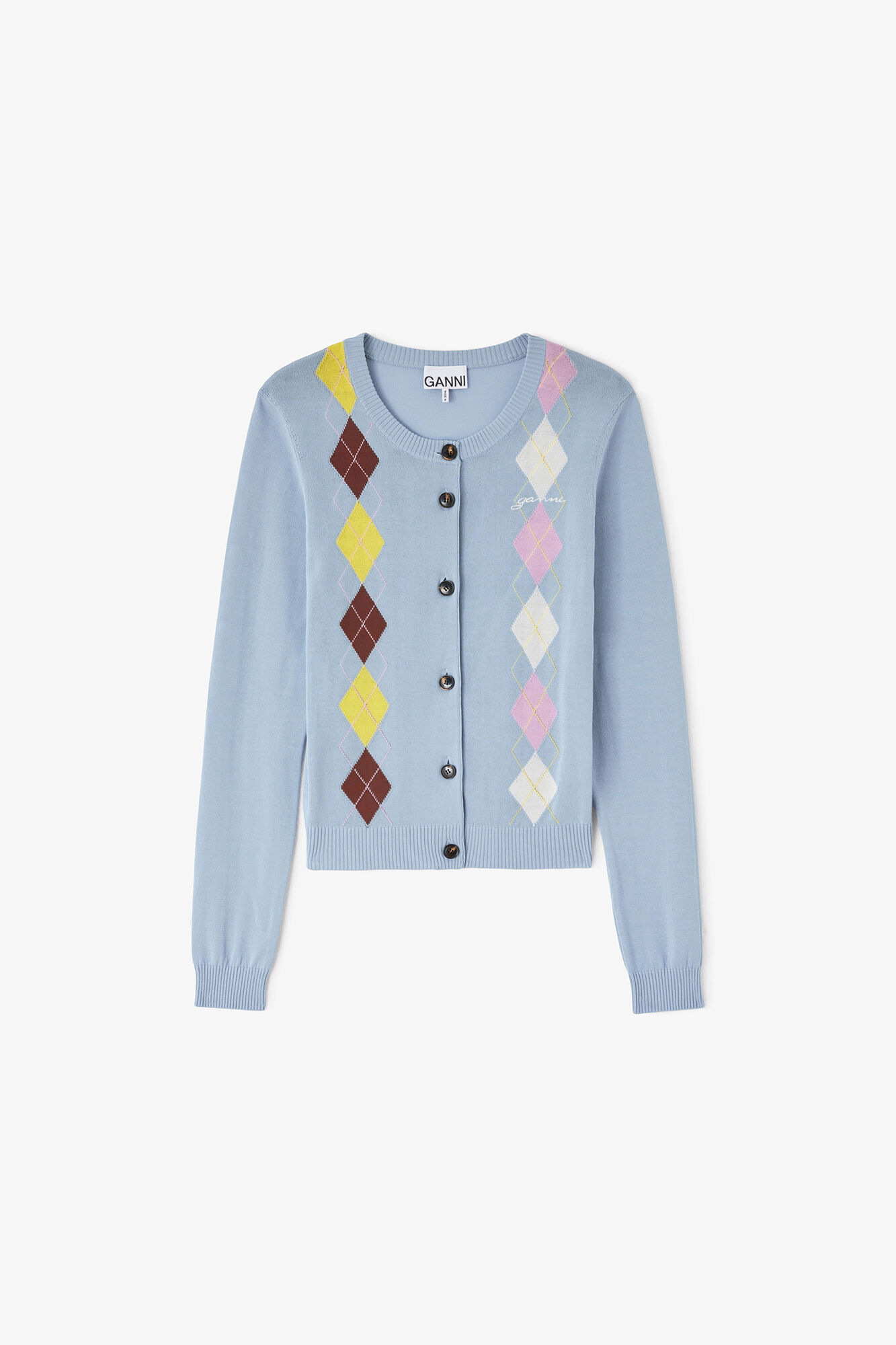 Cardigan in Argyle, Organic Cotton, in colour Soft Chambray - 1 - GANNI