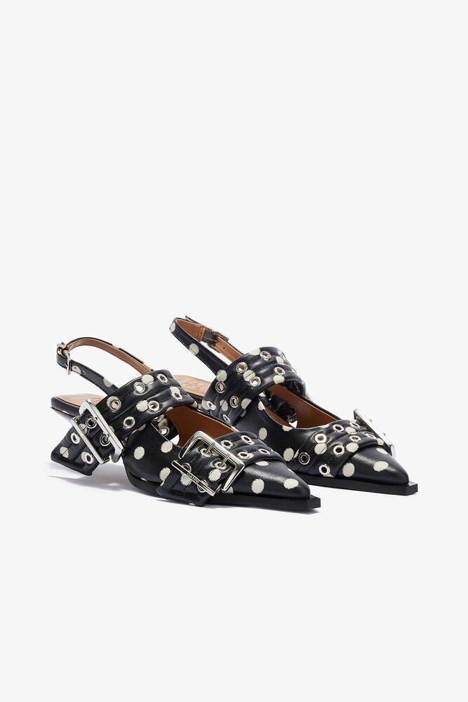 Feminine Buckle Heels with Dots, Black