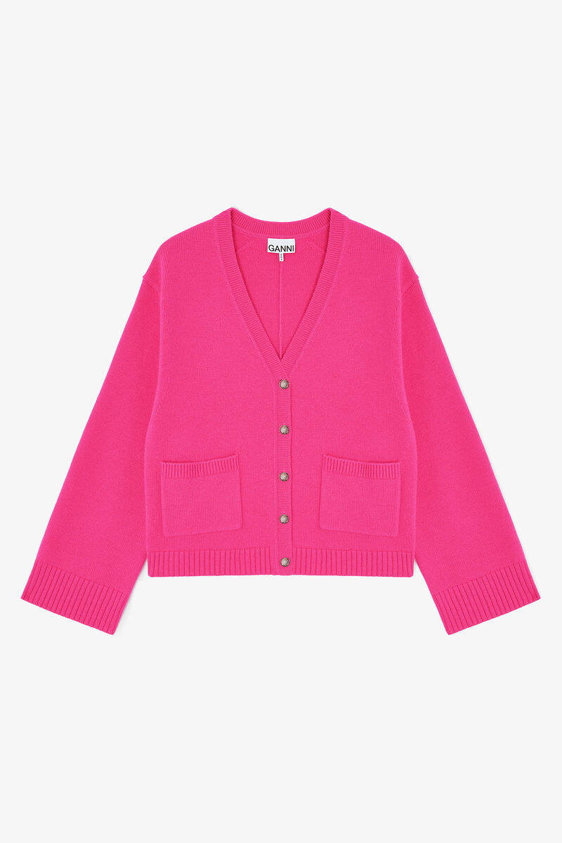 Klassisk cardigan i ull, Wool, in colour Fuchsia Purple - 1 - GANNI