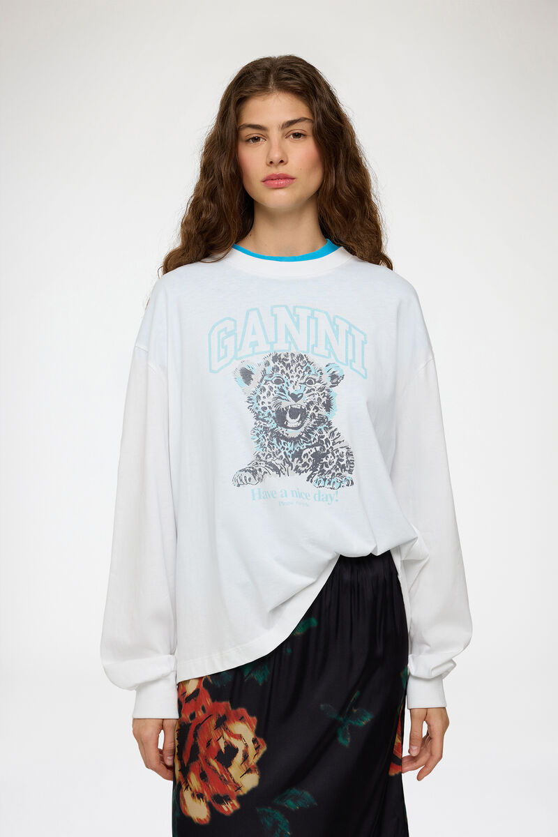 Long-sleeve T-Shirt with Blue Tiger, Organic Cotton, in colour Bright White - 1 - GANNI