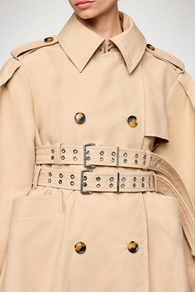 Trench Coat in Double Cotton, Organic Cotton, in colour Warm Sand - 3 - GANNI