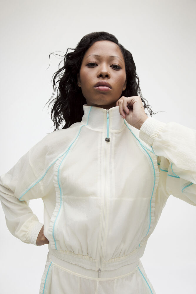 Ruffle-Trim Textured Jacket, Coconut Ivory