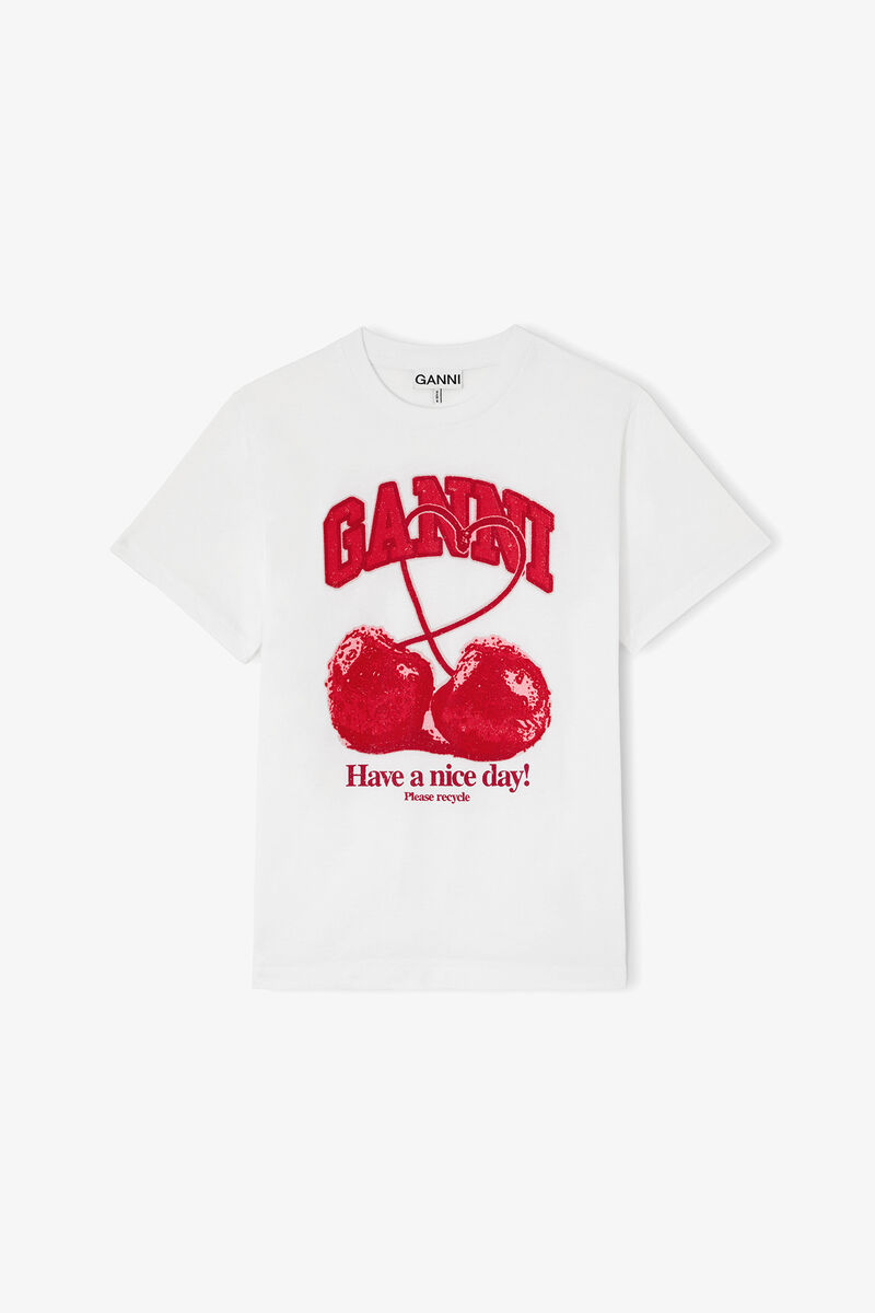 T-shirt with Cherry, Organic Cotton, in colour Bright White - 1 - GANNI