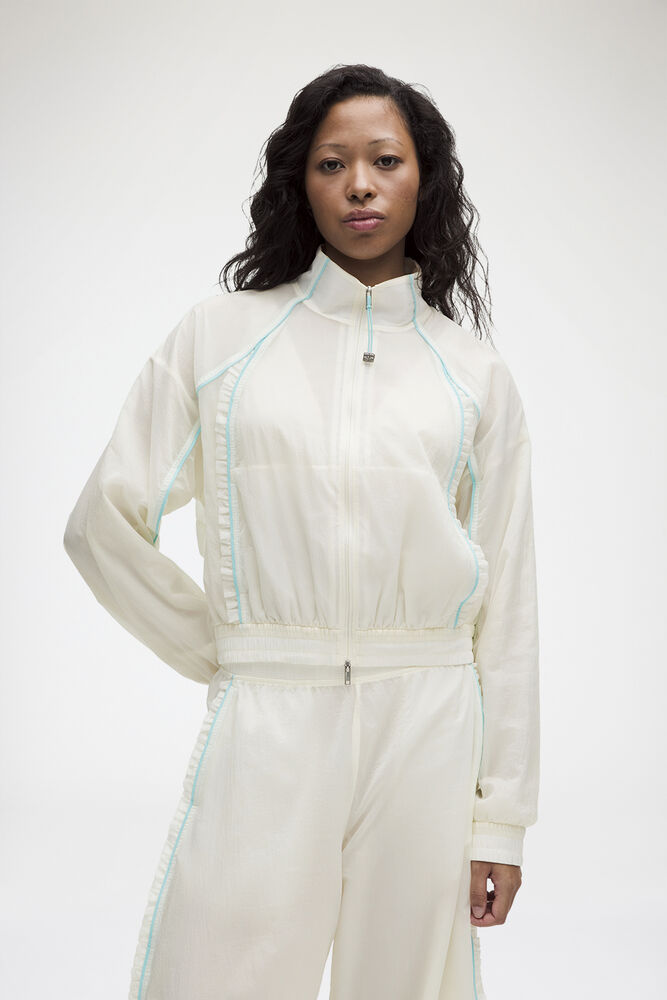 Ruffle-Trim Textured Jacket, Coconut Ivory