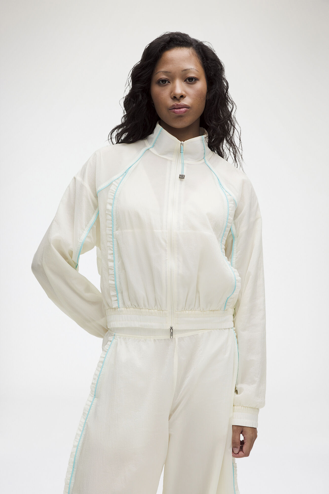 Ruffle-Trim Textured Jacket, Recycled Polyamide, in colour Coconut Ivory - 1 - GANNI