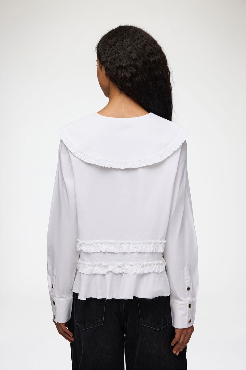 Stretch Cotton Ruffle Shirt, Organic Cotton, in colour Snow White - 3 - GANNI