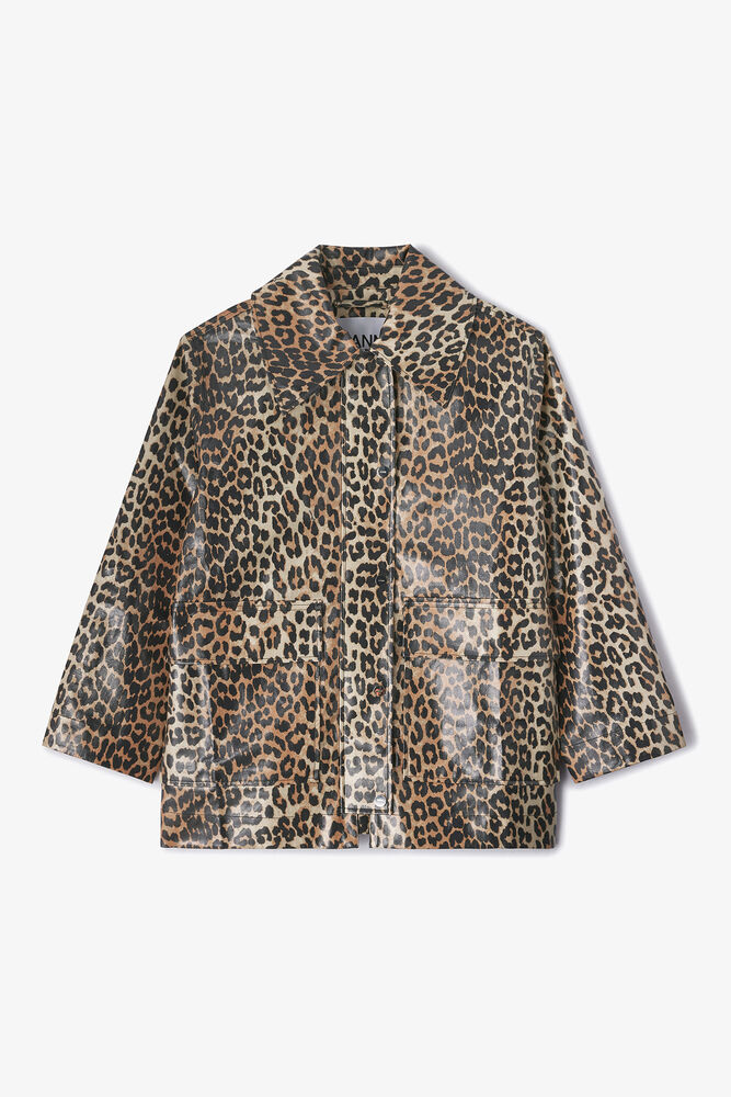 Leopard Laminated Cotton Jacket, Almond Milk