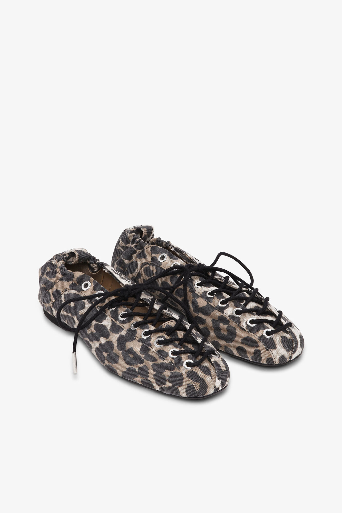 Lace-Up Ballerinas in Leopard Denim, Organic Cotton, in colour Leopard - 2 - GANNI