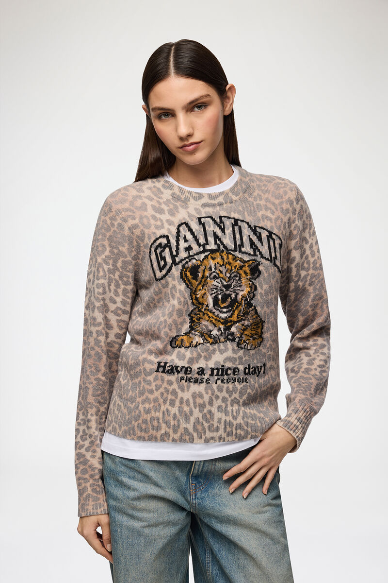 Jumper with Tiger, Wool, in colour Almond Milk - 1 - GANNI