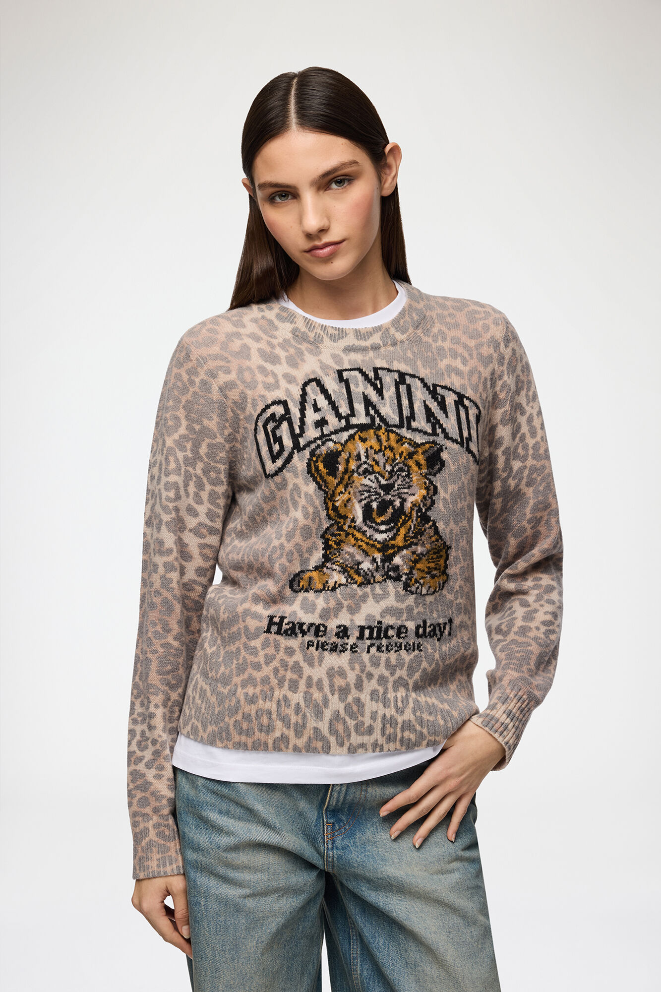 Jumper with Tiger, Wool, in colour Almond Milk - 1 - GANNI