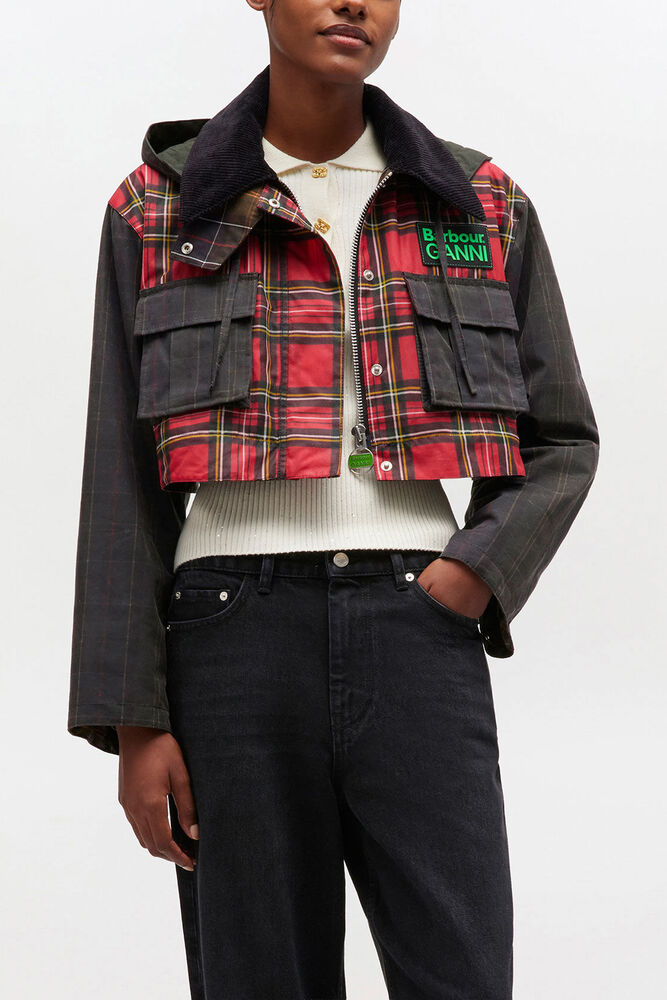 Peplum Wax Jacket in Tartan, Dark Green