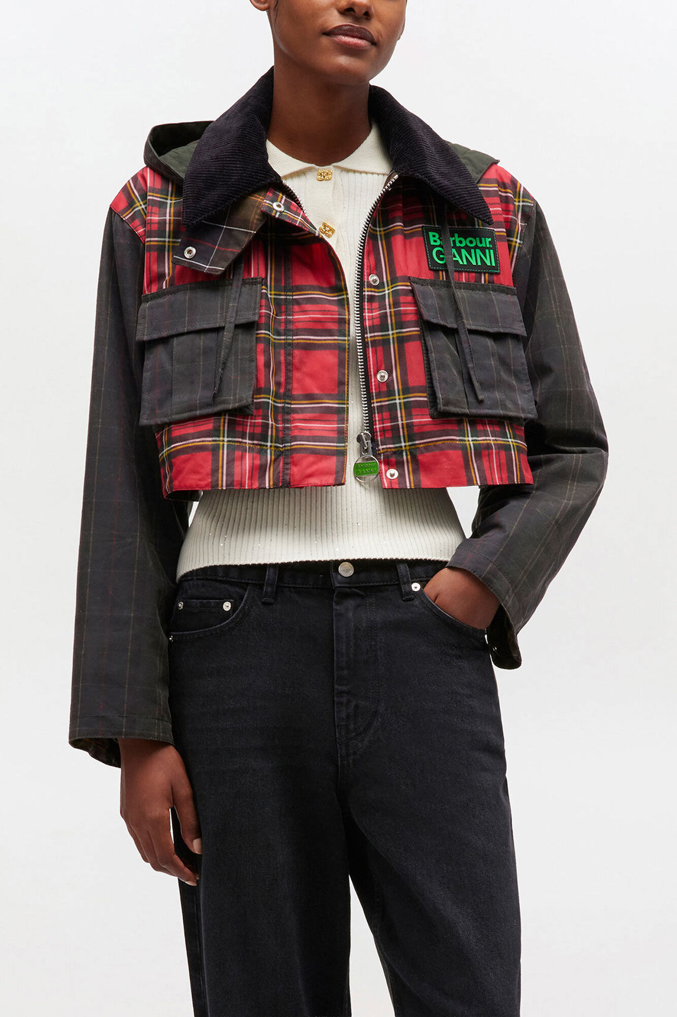 Peplum Wax Jacket in Tartan, Cotton, in colour Dark Green - 4 - GANNI