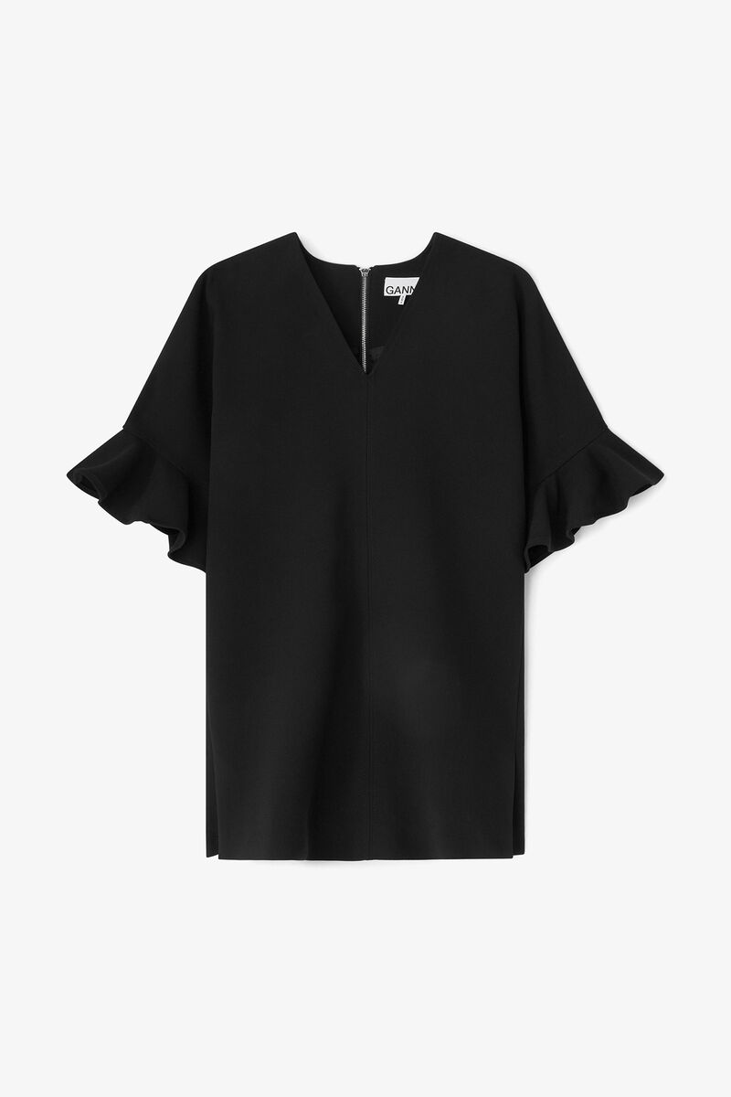 Black Mini Ruffle Dress, Recycled Polyester, in colour Black - 1 - GANNI
