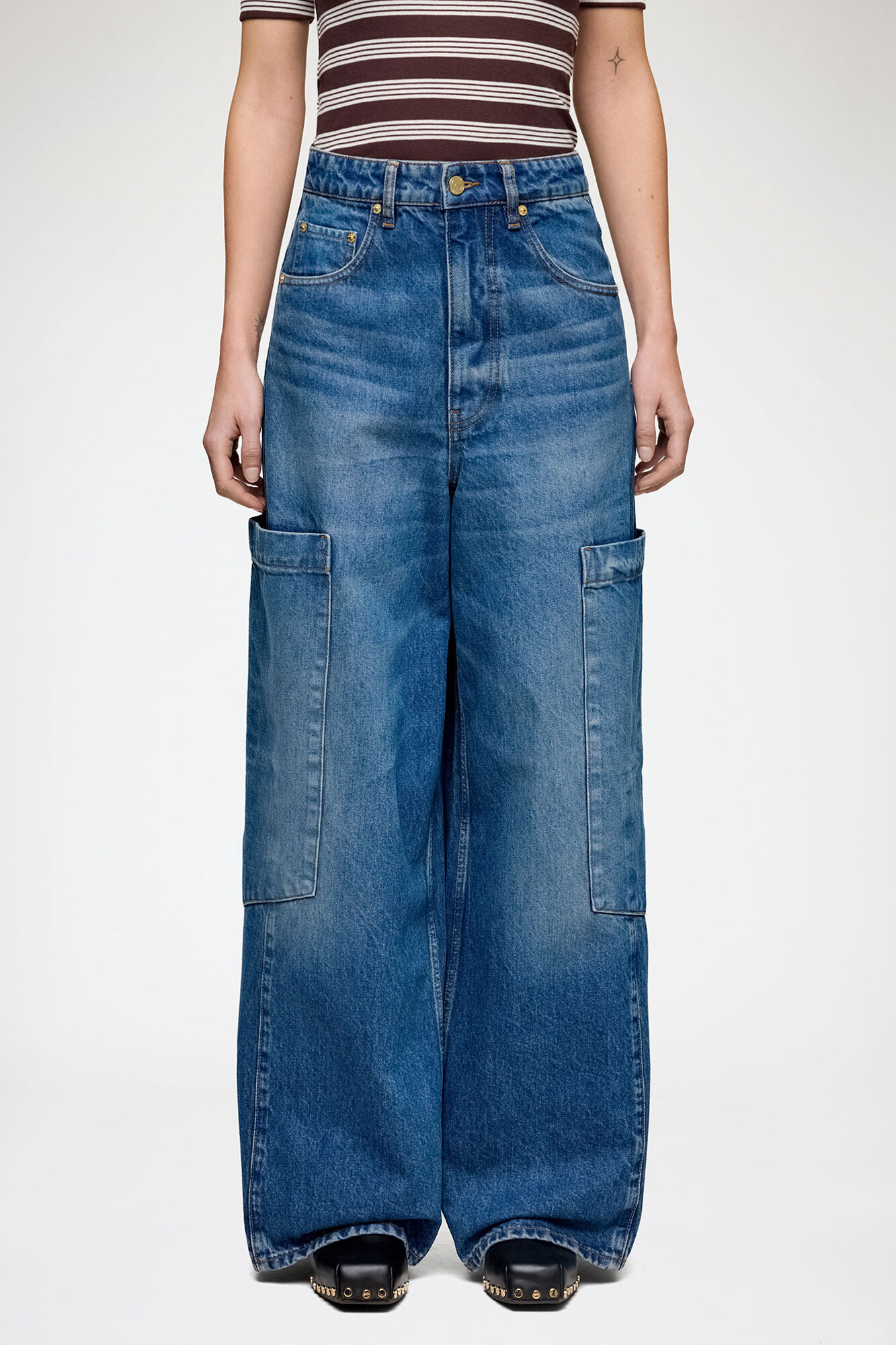 Baggy Cargo Jeans in Rigid Denim, Organic Cotton, in colour Mid Blue Stone - 1 - GANNI