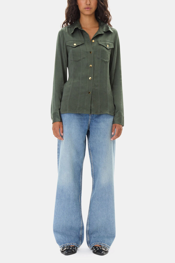 Green Washed Satin Shirt, Climbing Ivy