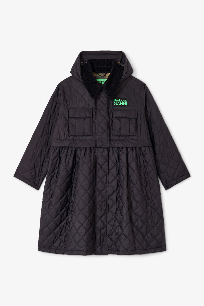 Quilted Long Coat in Black, Polyester, in colour Black - 1 - GANNI