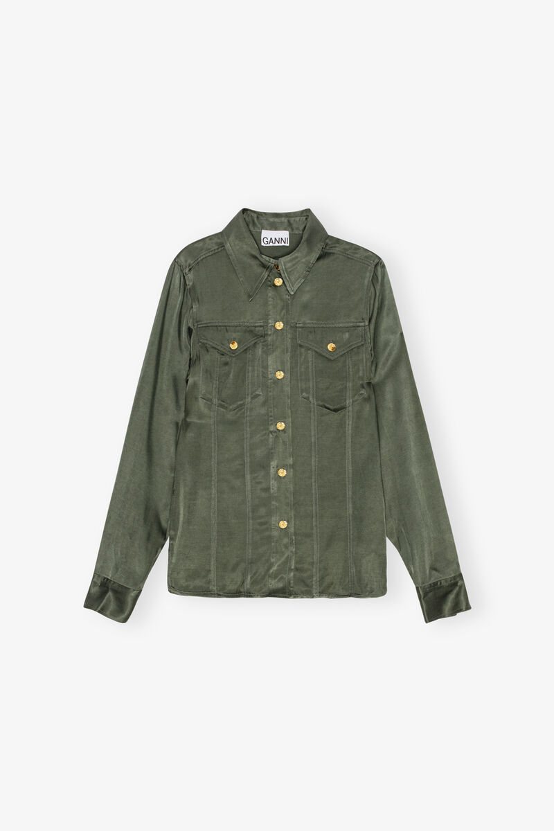 Green Washed Satin Shirt, LENZING™ ECOVERO™, in colour Climbing Ivy - 1 - GANNI