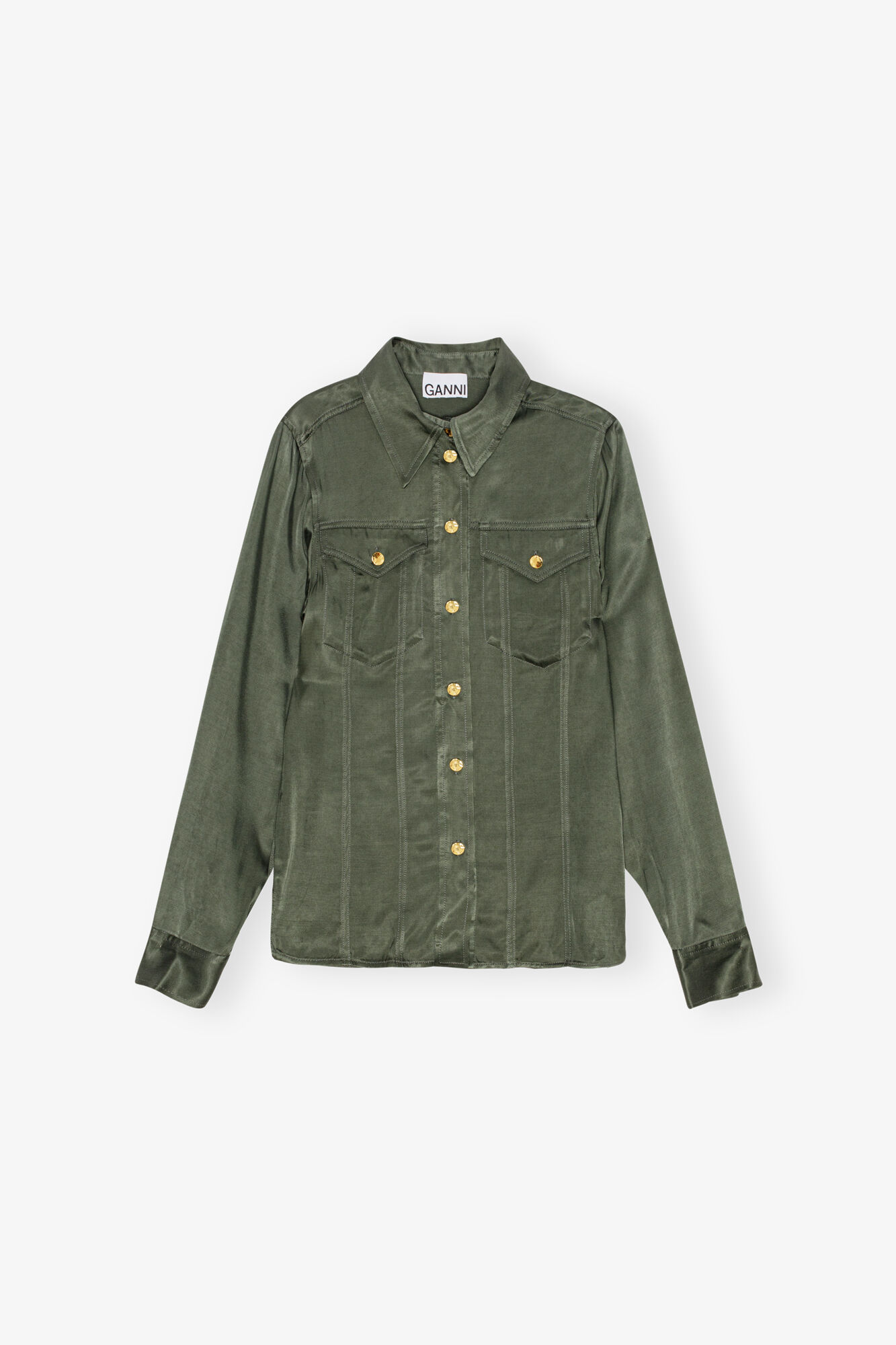 Green Washed Satin Shirt, LENZING™ ECOVERO™, in colour Climbing Ivy - 1 - GANNI