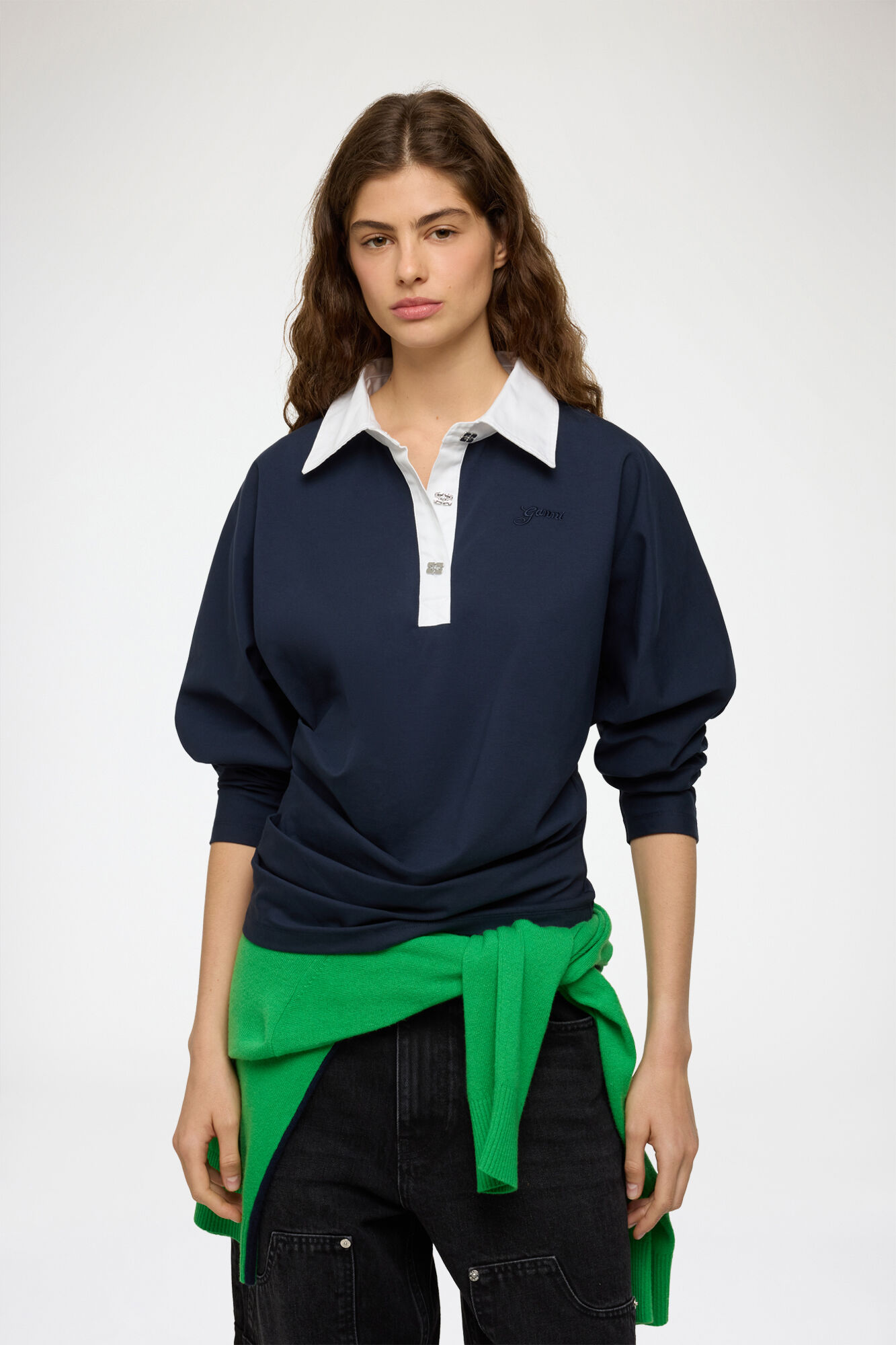 Polo Shirt in Navy Jersey, Organic Cotton, in colour Sky Captain - 1 - GANNI