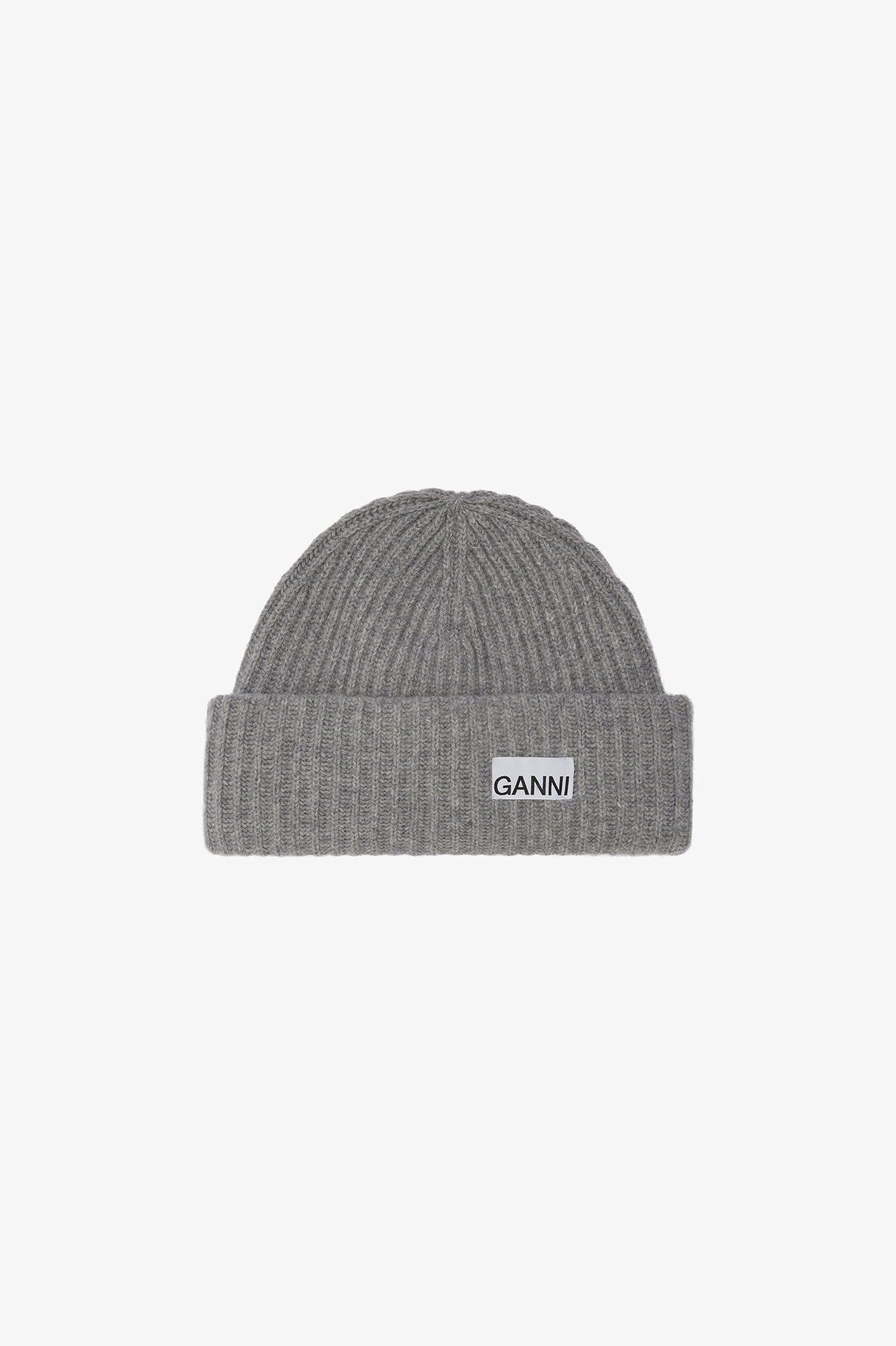 Oversized Beanie in Rib Wool Knit, Wool, in colour Paloma Melange - 1 - GANNI