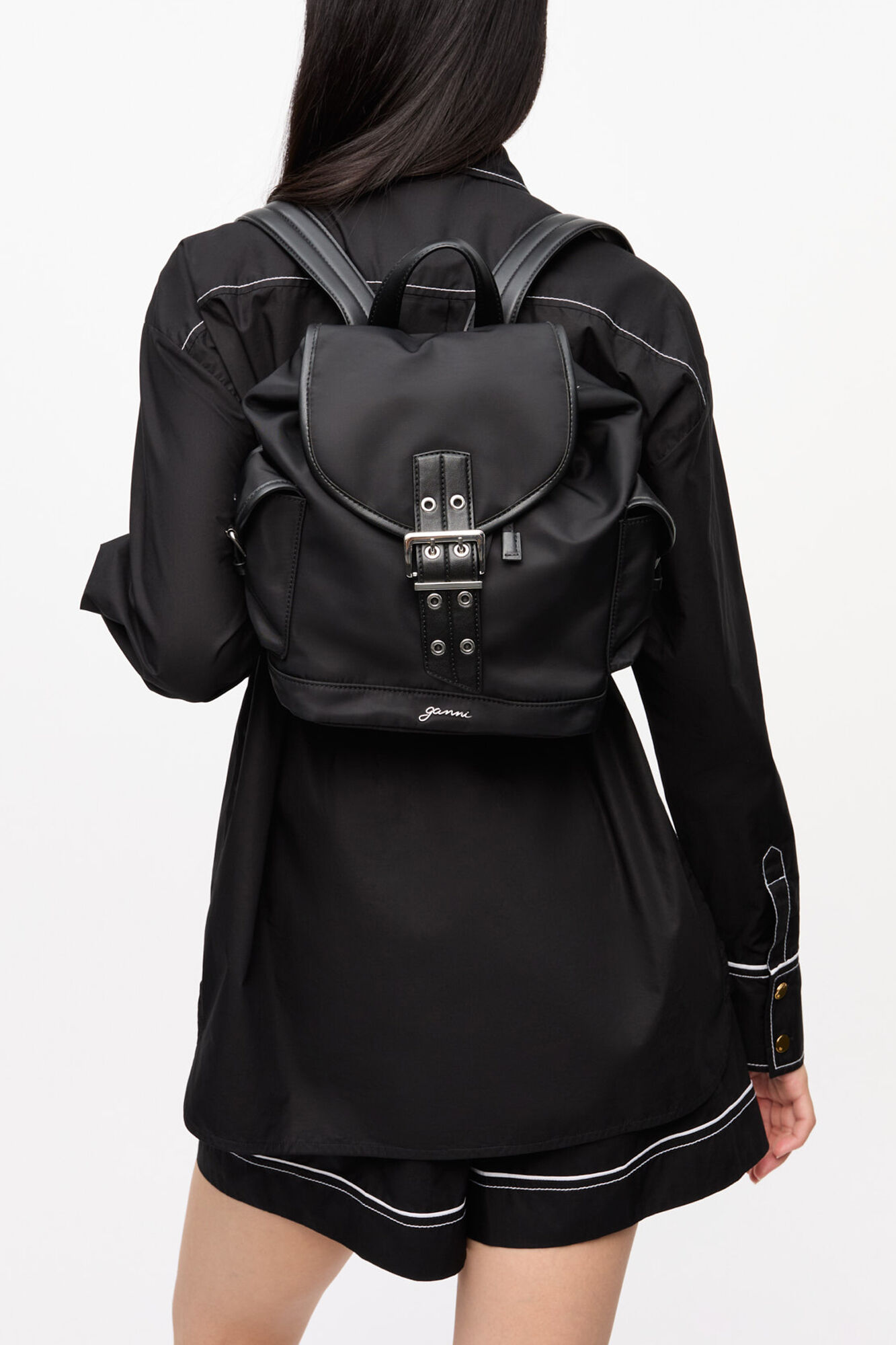 Black Small Bucky Nylon Backpack, Recycled Nylon, in colour Black - 1 - GANNI