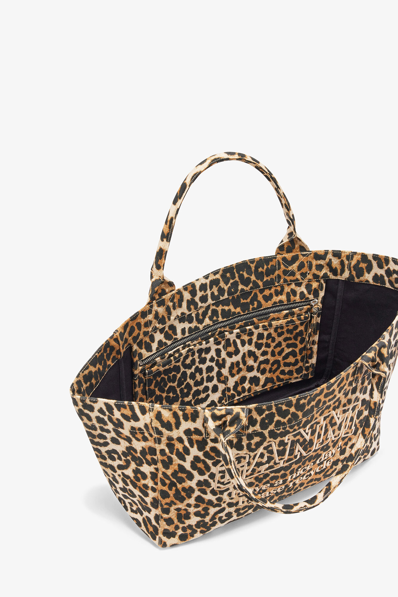 Tote Medium in Leopard, Recycled Cotton, in colour Almond Milk - 3 - GANNI