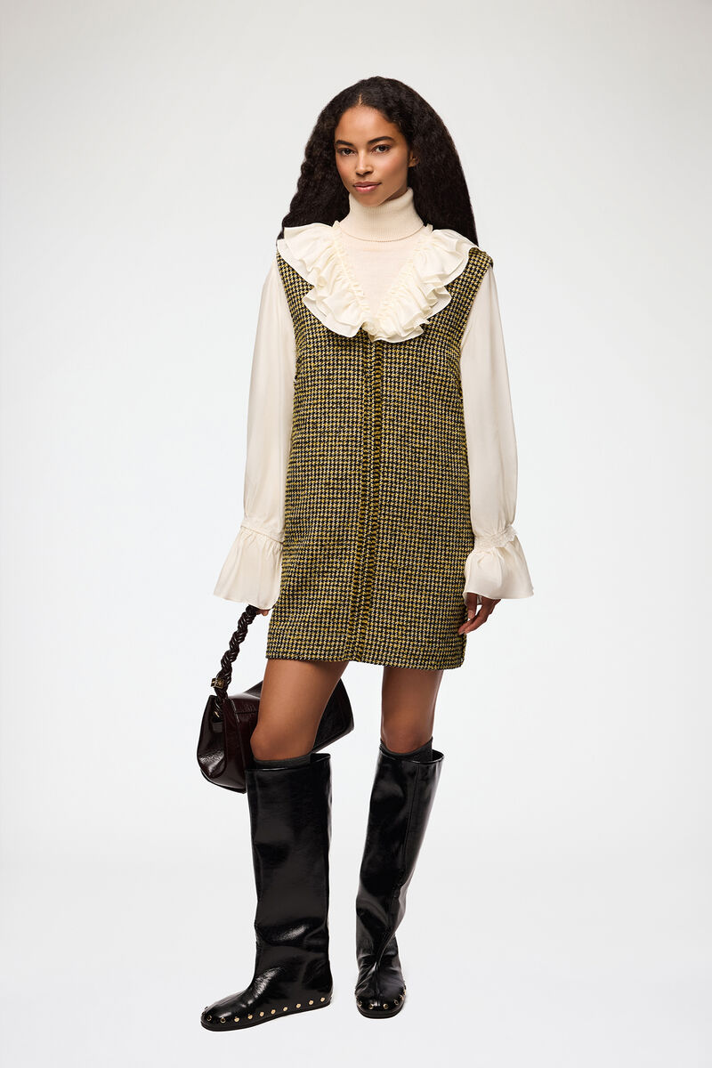 Dress in Yellow Check, Recycled Polyester, in colour Blazing Yellow - 1 - GANNI