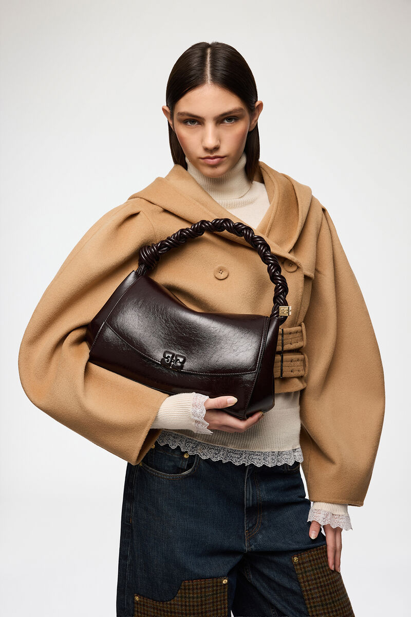Very Bou Bag in Shine Brown, Polyester, in colour Demitasse - 1 - GANNI