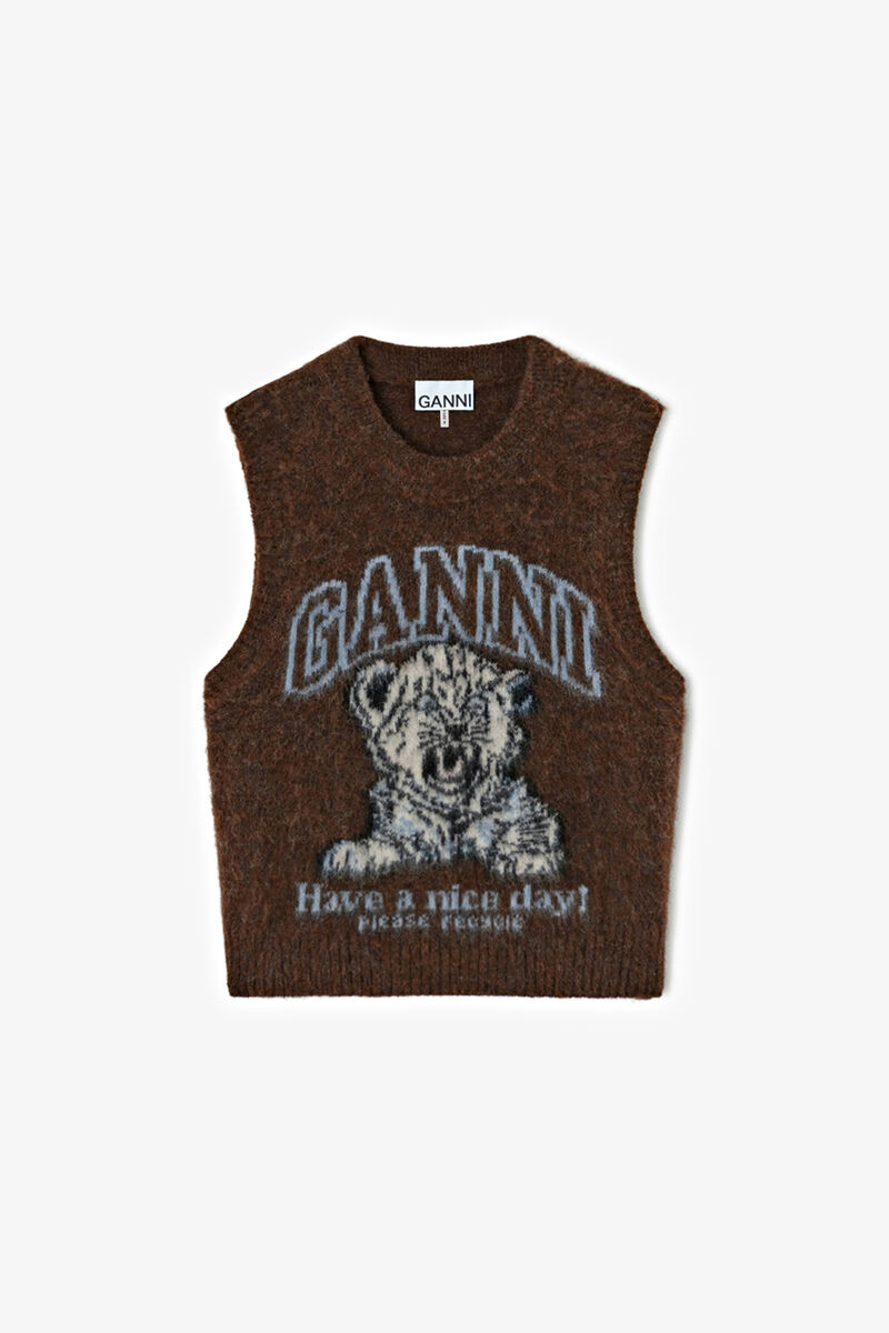 Vest with Tiger, Alpaca, in colour Chicory Coffee - 1 - GANNI