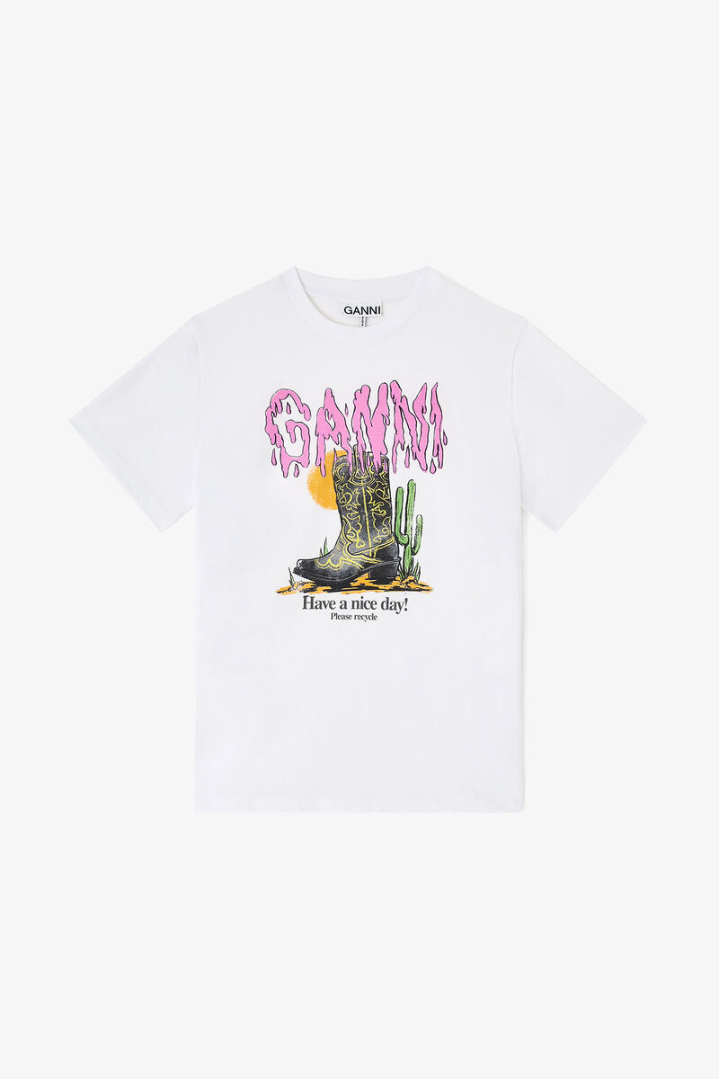 White Western Boot Print T-shirt, Organic Cotton, in colour Bright White - 1 - GANNI