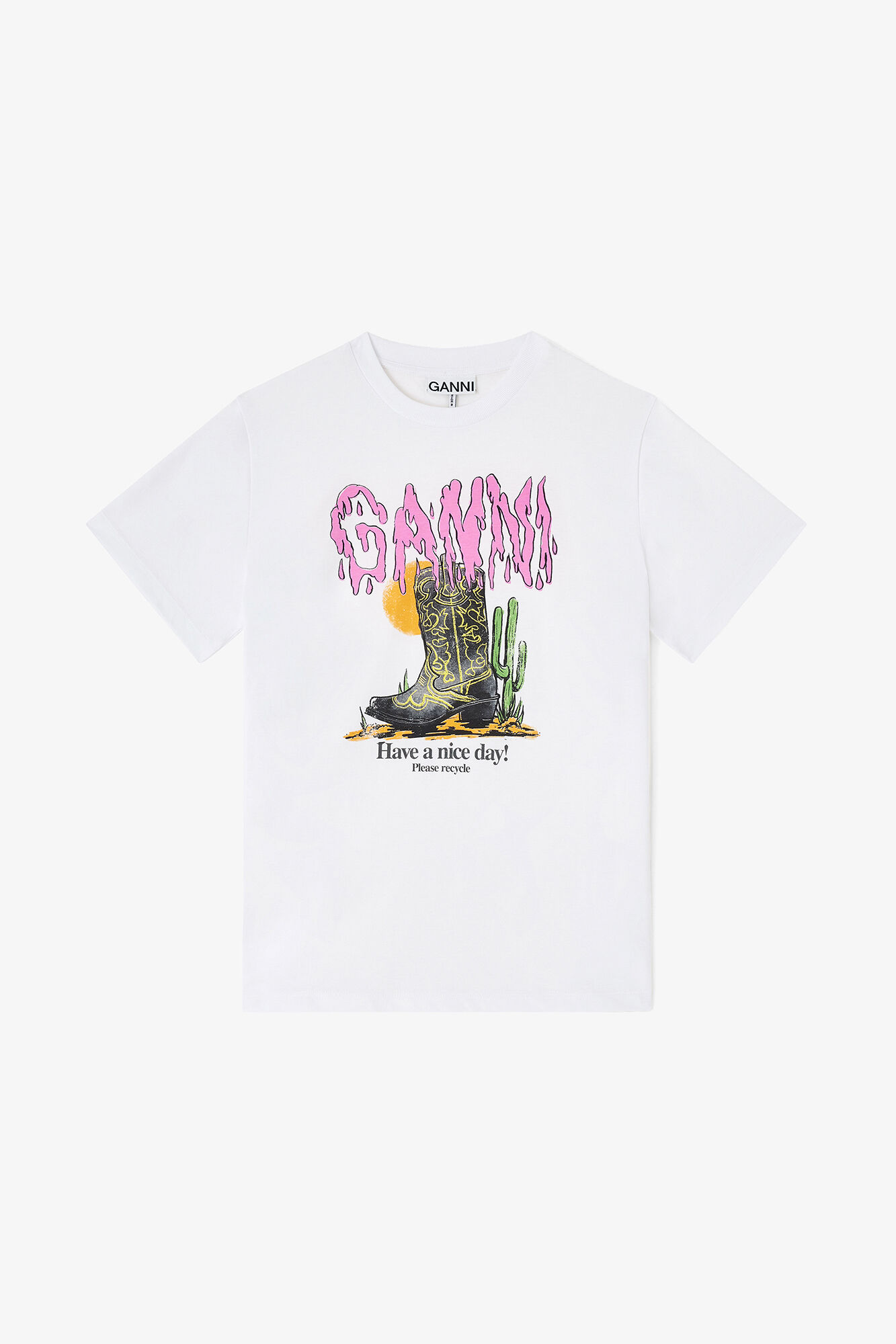 White Western Boot Print T-shirt, Organic Cotton, in colour Bright White - 1 - GANNI