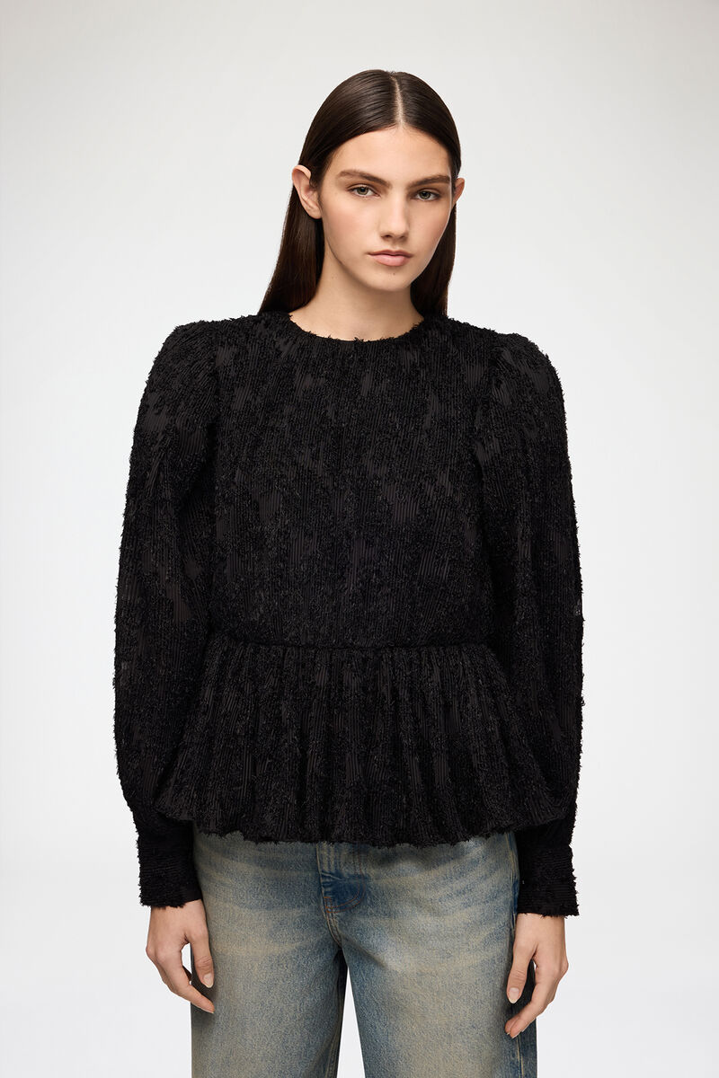 Blouse in Black Fil Coupe, Recycled Polyester, in colour Black - 1 - GANNI