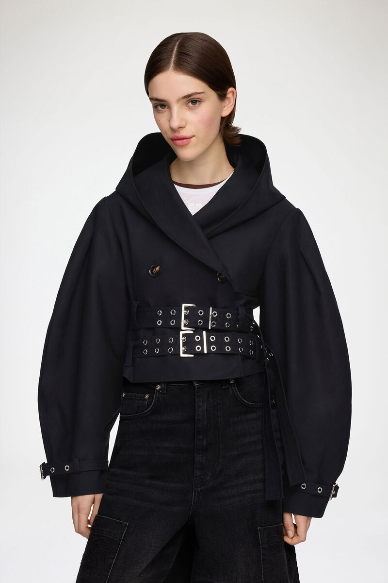 Trench Jacket in Double Cotton, Organic Cotton, in colour Black - 1 - GANNI