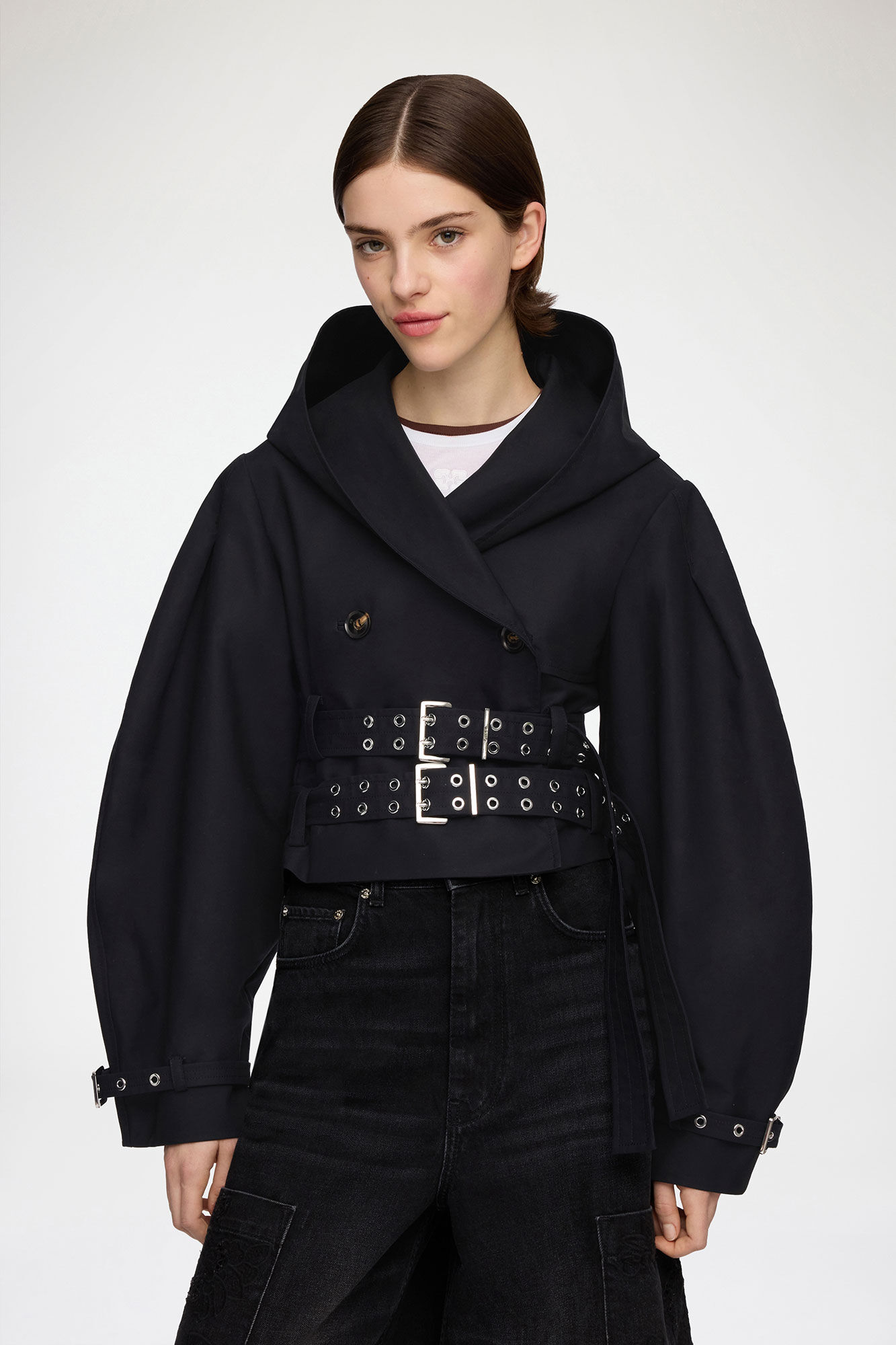 Trench Jacket in Double Cotton, Organic Cotton, in colour Black - 1 - GANNI