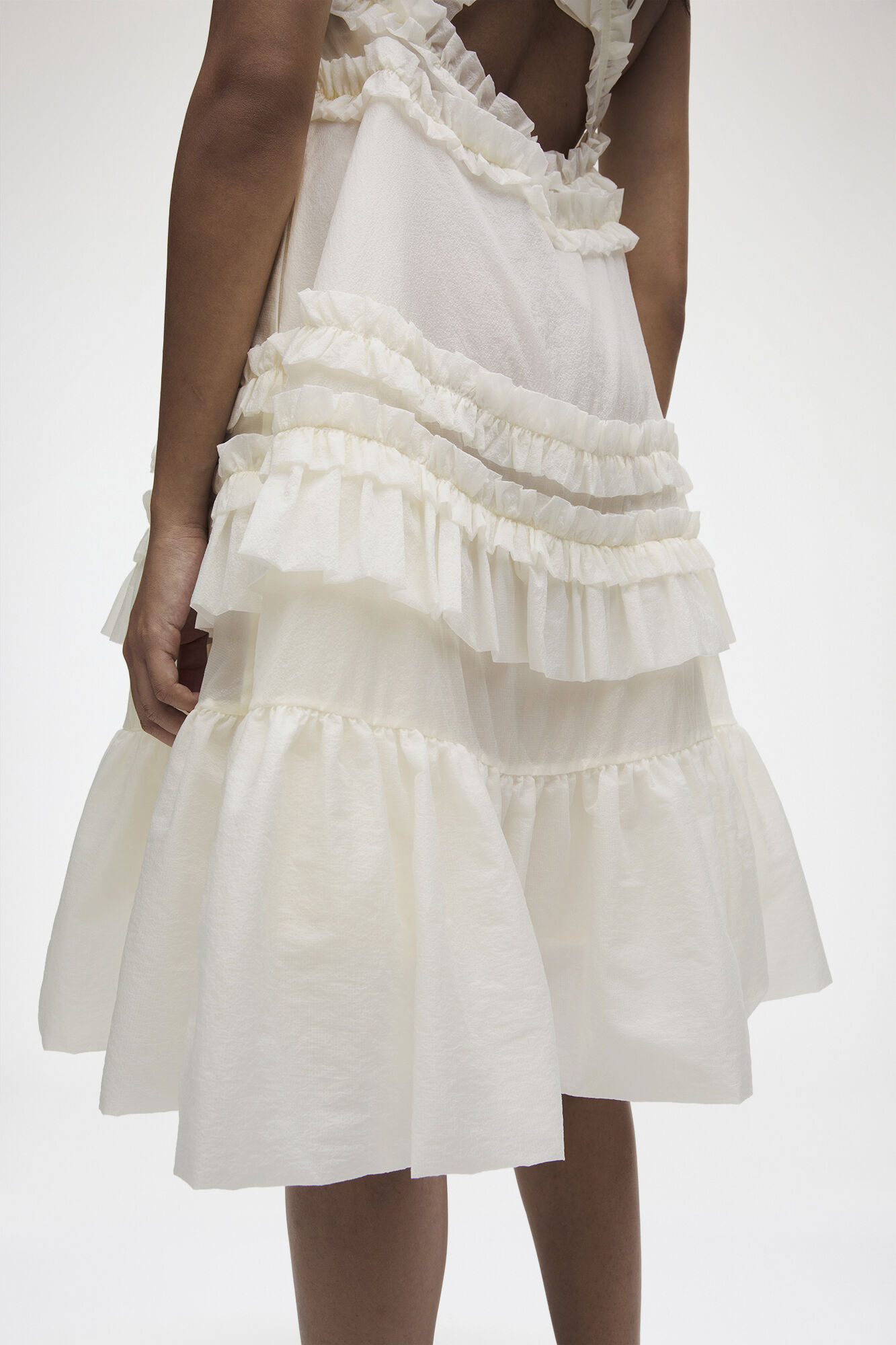 Ruffle-Trim Textured Midi Dress, Recycled Polyamide, in colour Coconut Ivory - 5 - GANNI