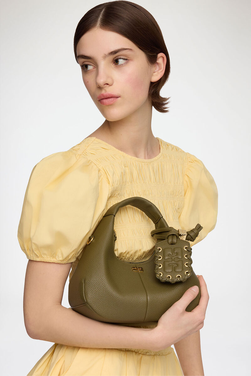 Mini Hobo Bag in Grained Green, Recycled Polyester, in colour Military Olive - 2 - GANNI
