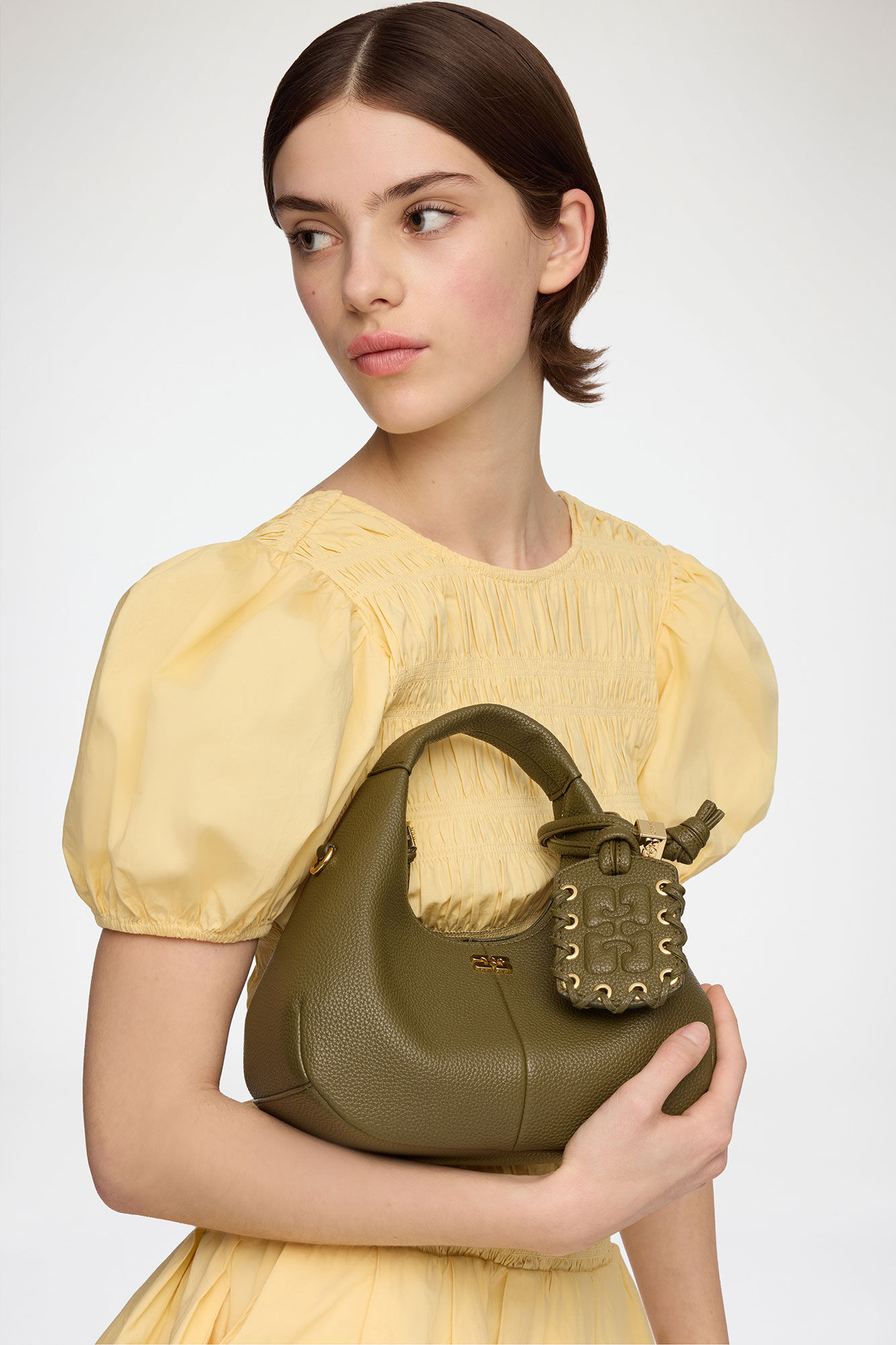 Mini Hobo Bag in Grained Green, Recycled Polyester, in colour Military Olive - 2 - GANNI