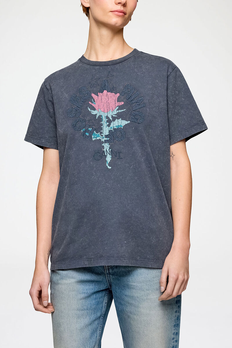 T-shirt with Rose, Recycled Cotton, in colour Phantom - 2 - GANNI