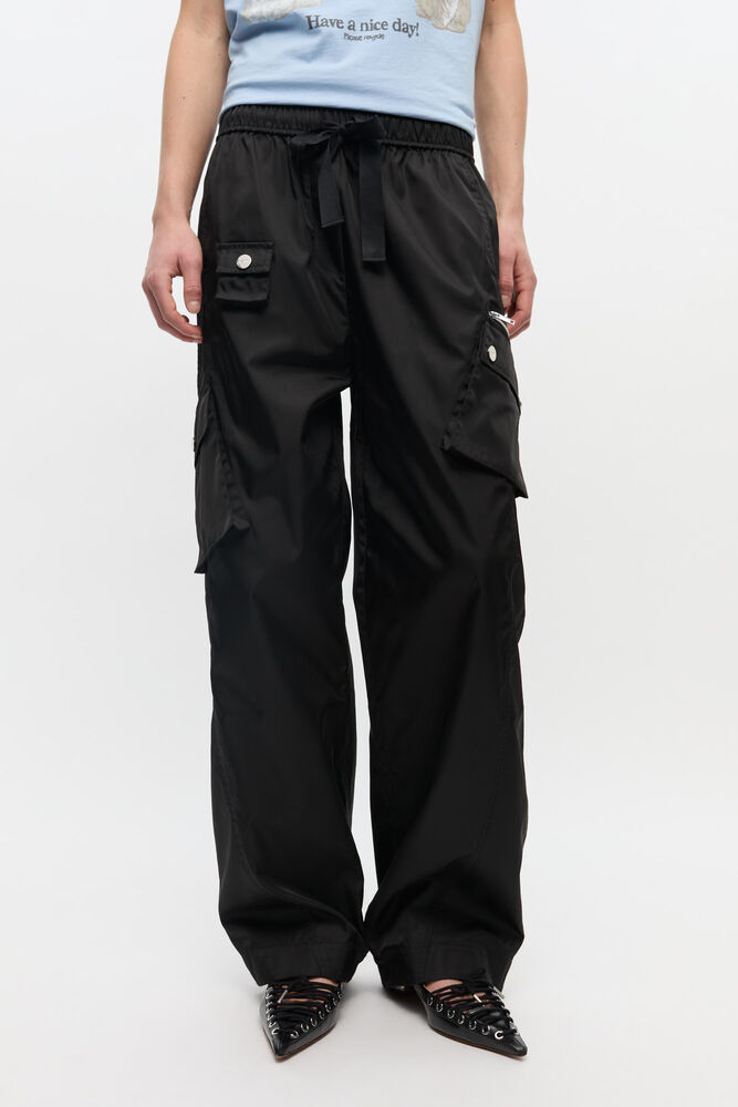 Trouseres in Elasticated Black Nylon, Black